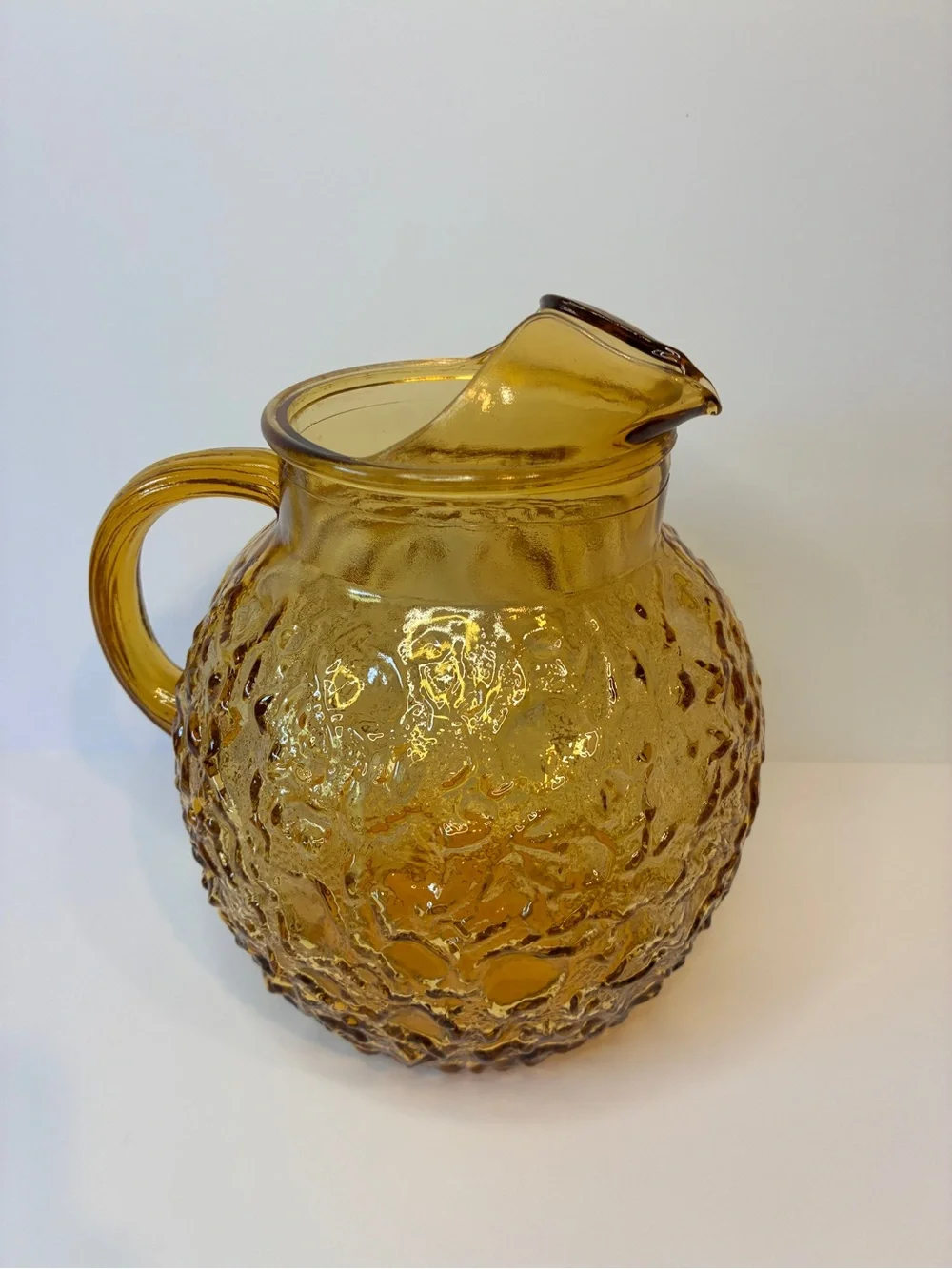 1960's Anchor Hocking Vintage Amber Honey Glass Ball Pitcher With Ice Lip